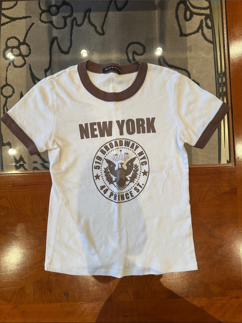 Brandy Melville White Tee with Brown Ringer Trim & New York Graphic